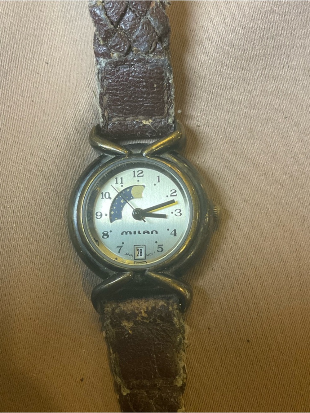 Vintage Milan Moonphase Watch Date Quartz Japan Movement Leather Needs Battery